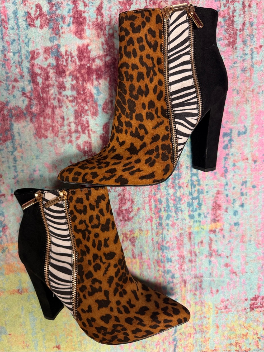 Shoe Dazzle Leopard & Zebra Ankle Boots with Black Heel